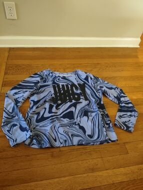 Juicy Couture Blue Marble Print Long Sleeve Spellout Top Black Logo Y2K Medium